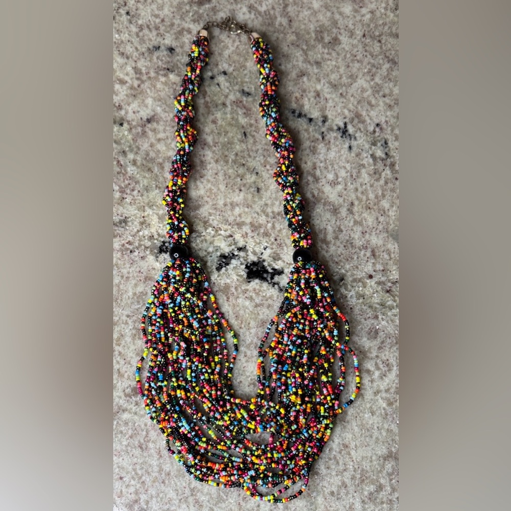 Multi-Color Seed Bead Tassel Necklace - Handmade